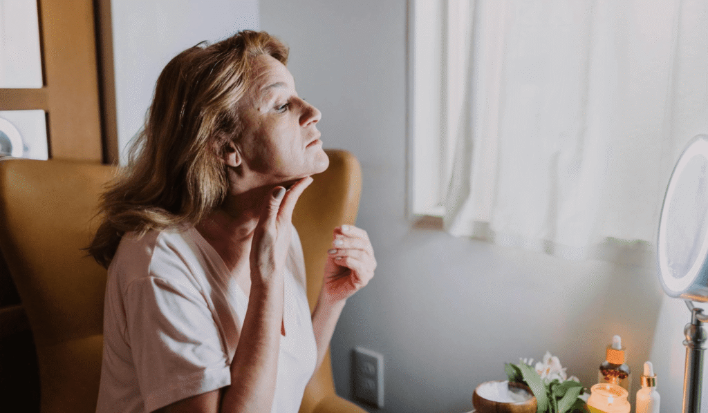 Fresh touching face puffy morning look