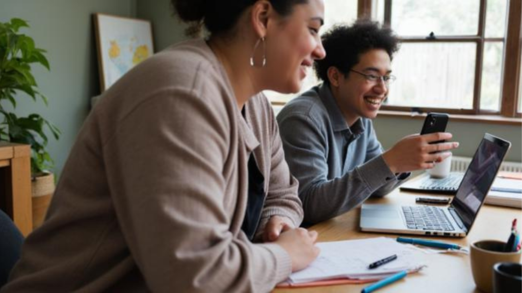 man and woman distracted multitasking