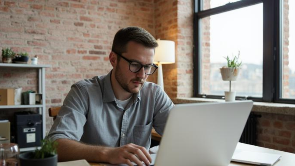 man focused working minimal desk