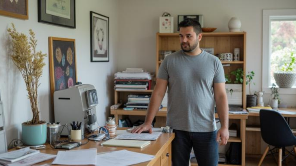 man looking uncertain workspace