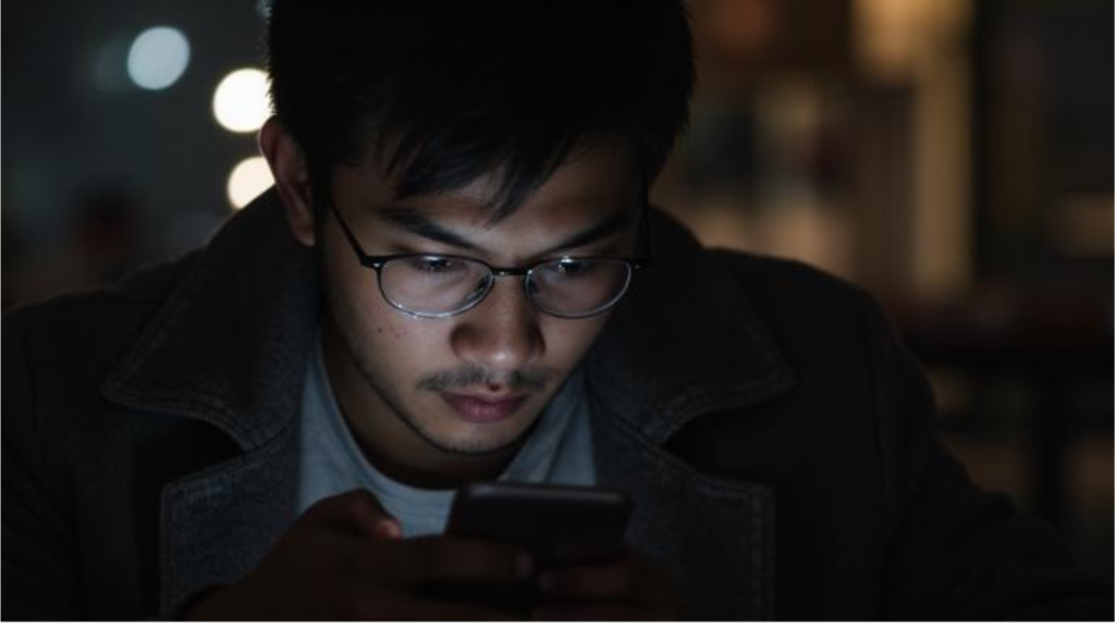 man scrolling AI news late night