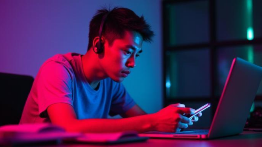 man scrolling learning content distracted
