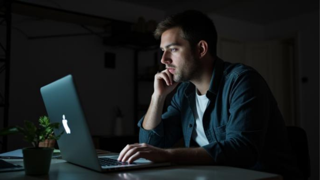 man staring at screen thinking