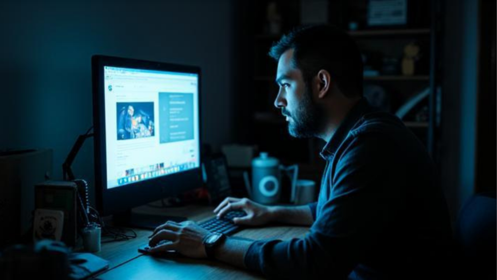 man switching tabs overwhelmed
