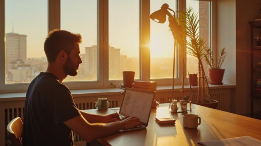 man working calmly focused