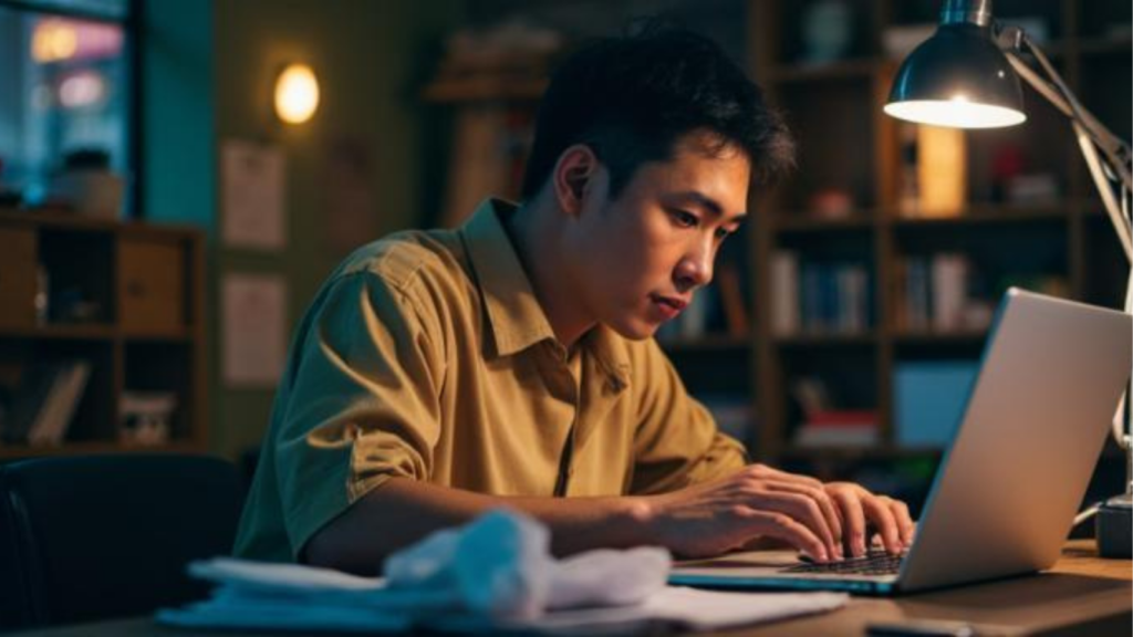 man working fast stressed laptop