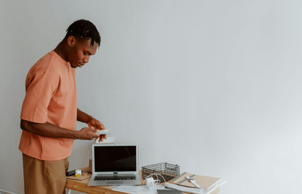 man working focused calm morning setup