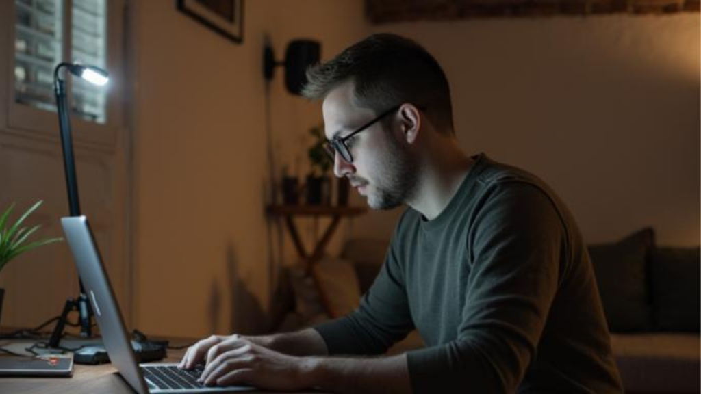 man working laptop tense expression