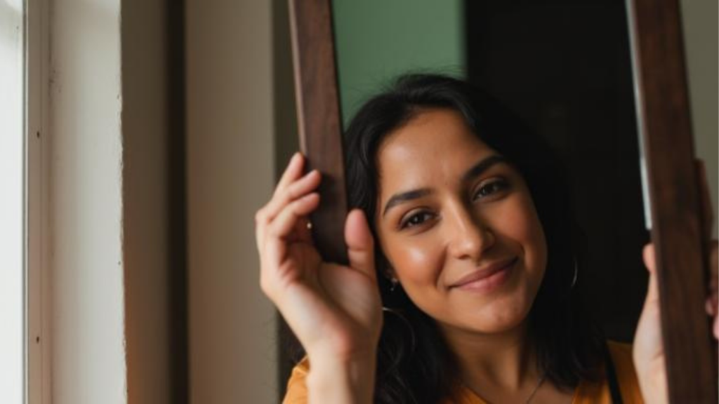 woman looking at mirror dull skin natural light