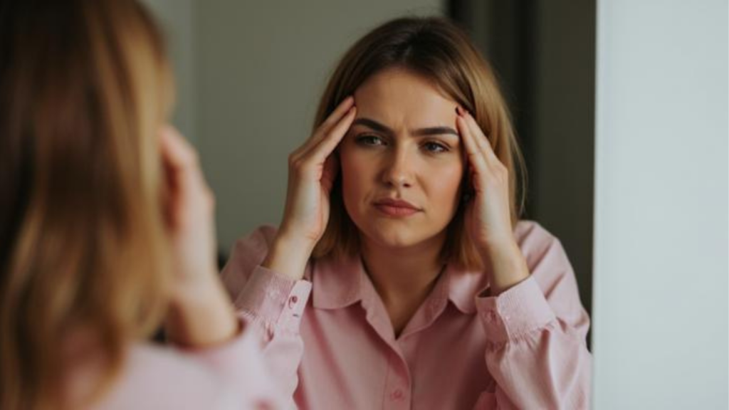 woman looking at mirror low energy morning