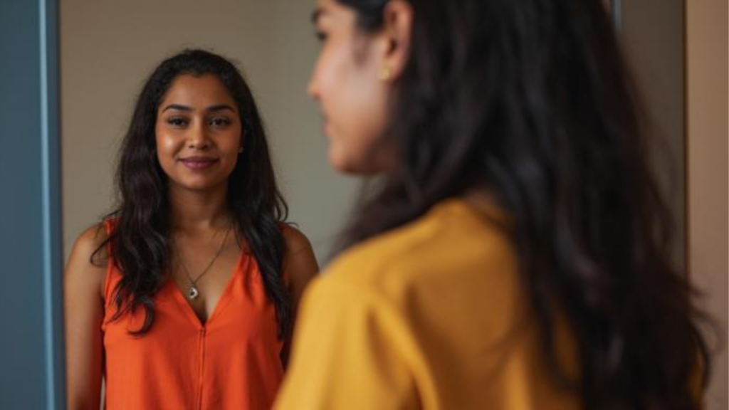 woman looking in mirror dull skin