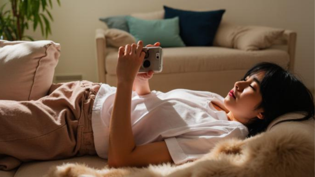 woman lying on couch scrolling phone afternoon