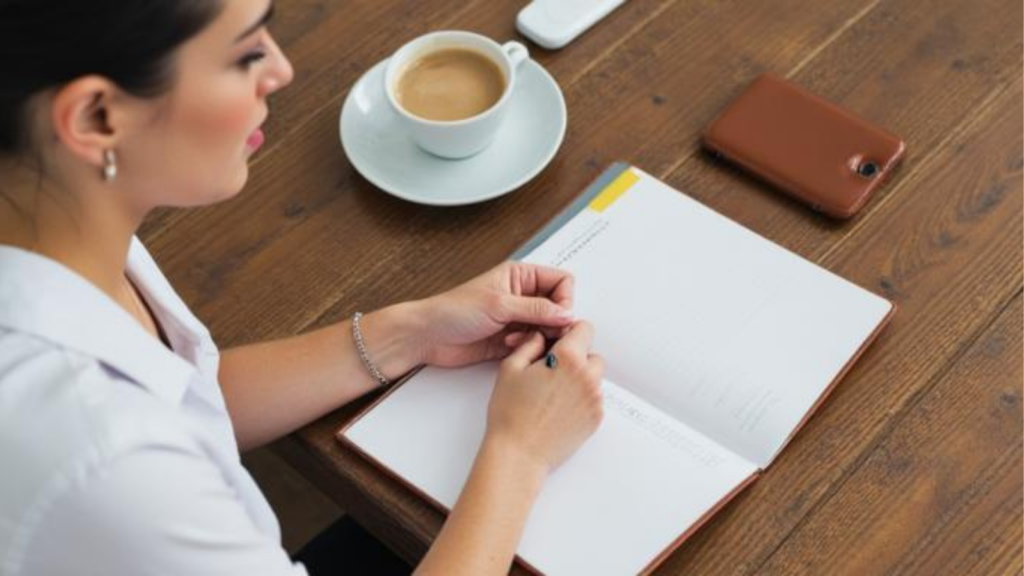 woman planning calmly notebook