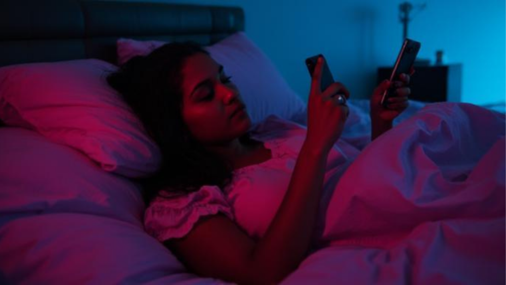 woman scrolling phone late night in bed
