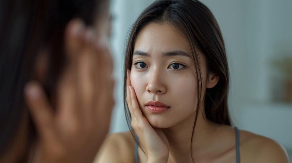 woman touching face dull skin mirror