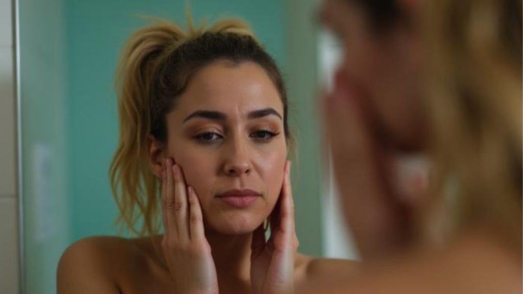 woman touching face tired expression