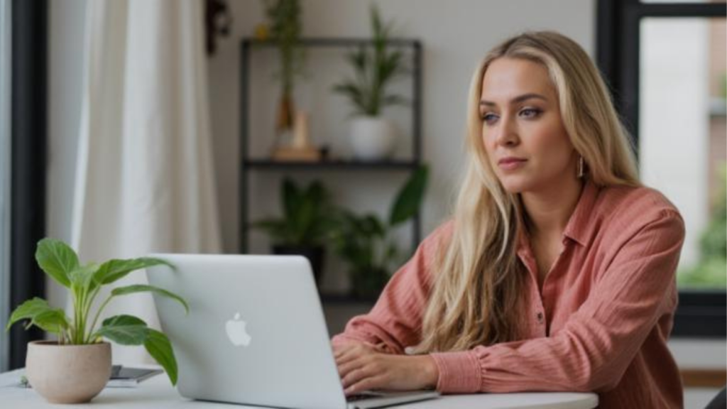 woman using laptop passive thinking