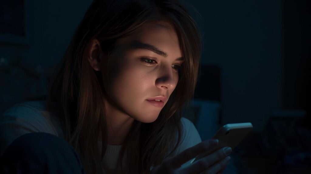 woman using phone late night dark room