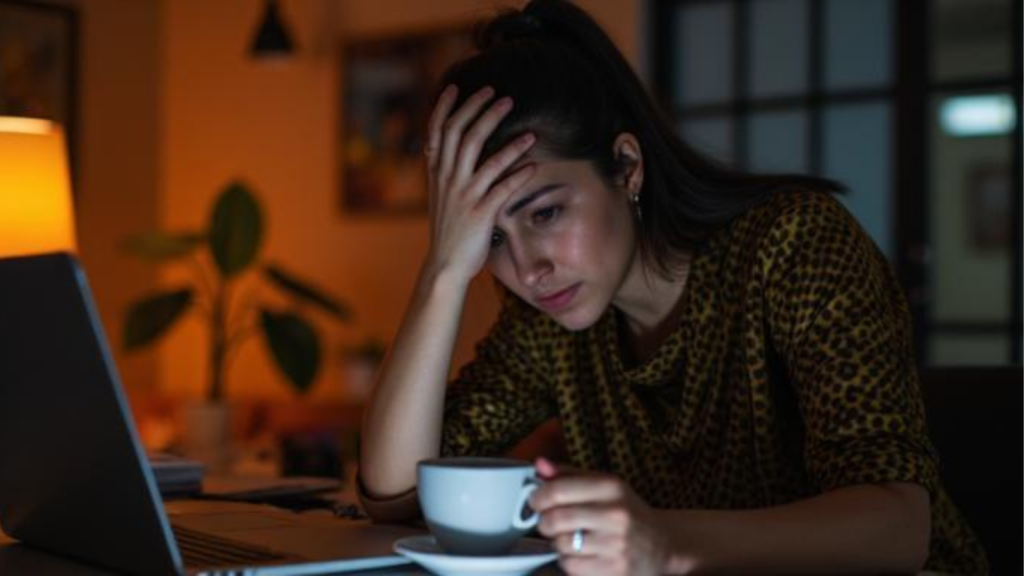 woman working late feeling drained